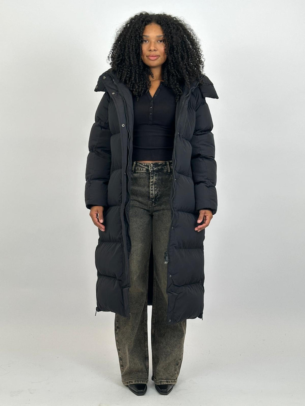 LONG ZIPPER PUFFER COAT BLACK 7580 PRE ORDER