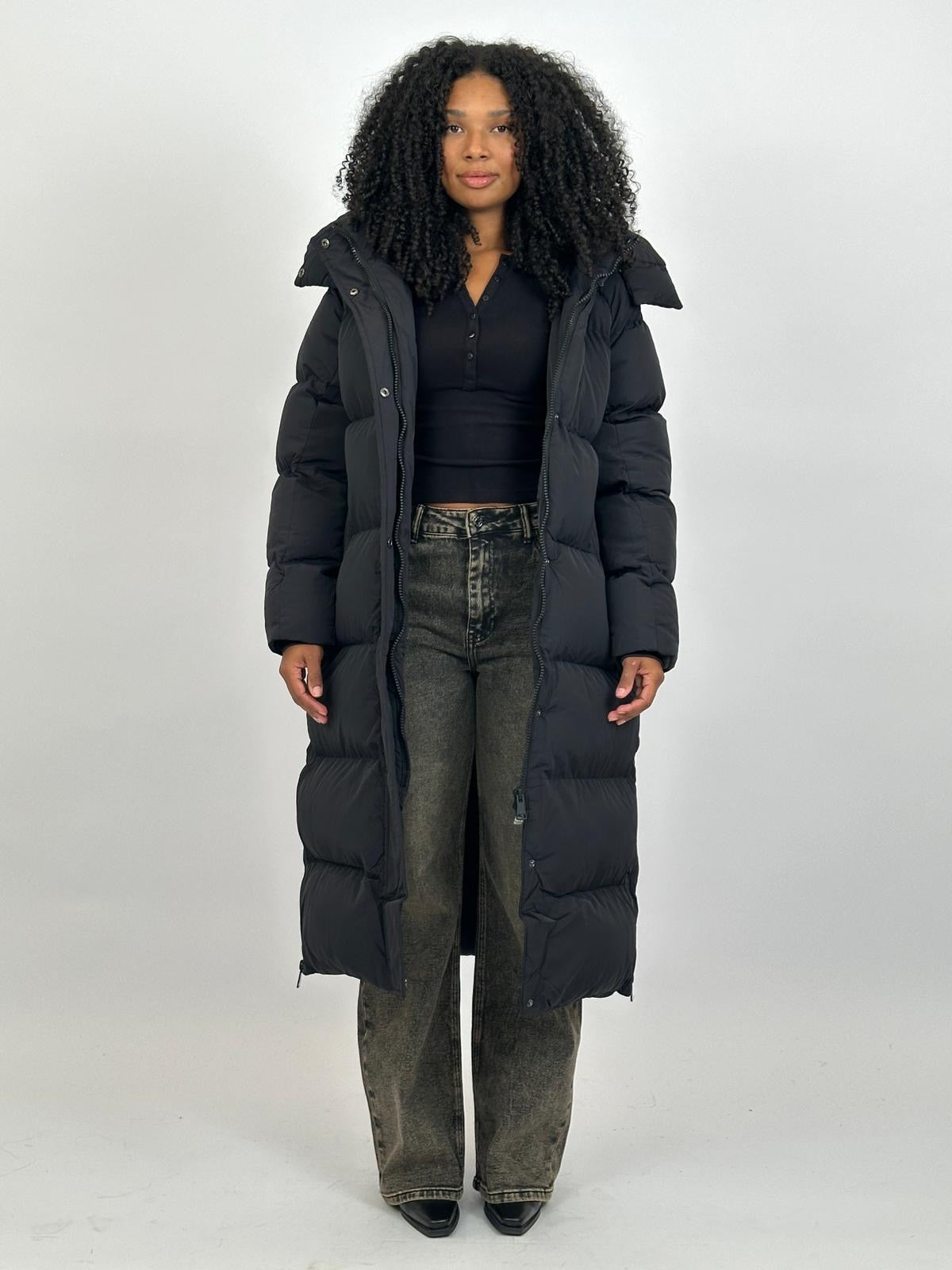 LONG ZIPPER PUFFER COAT BLACK 7580 PRE ORDER