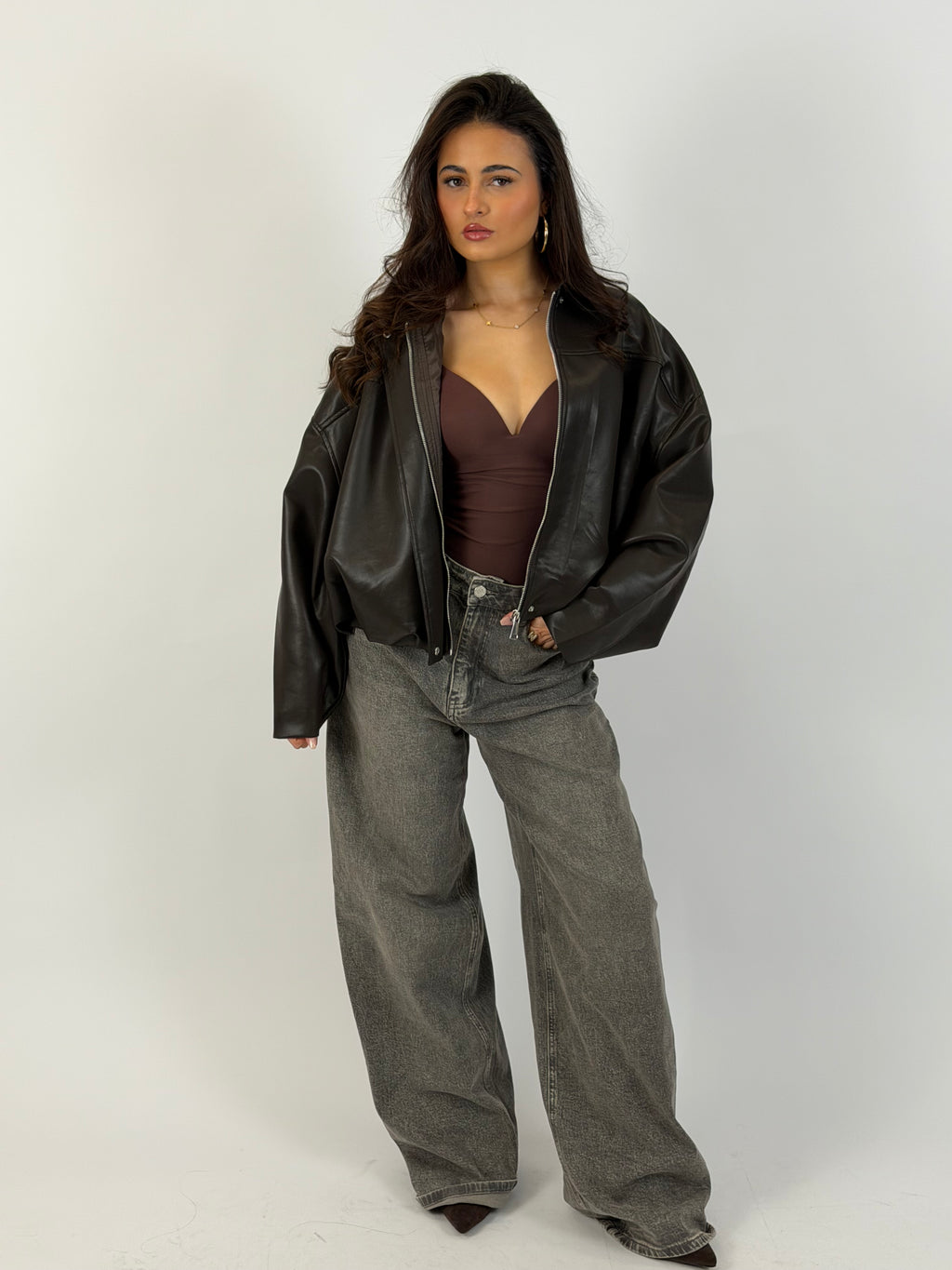 PUFFY LEATHER BOMBER BROWN