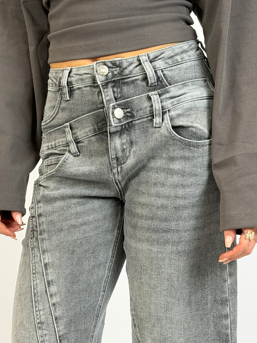 DOUBLE WAIST STRETCH JEANS GREY