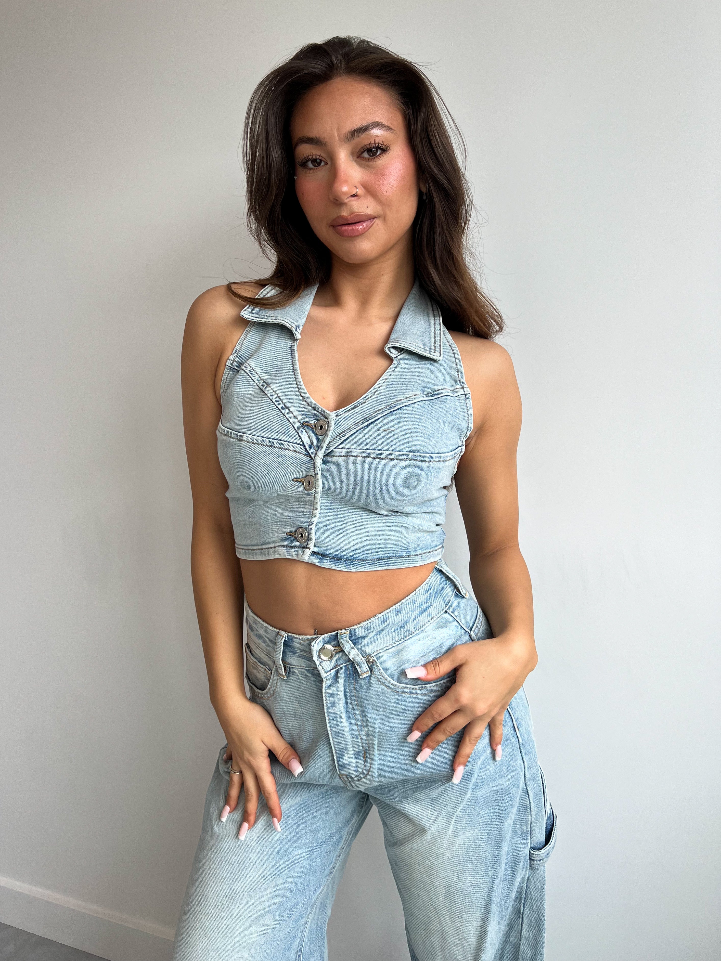 DENIM OPEN BACK TOP LIGHT BLUE