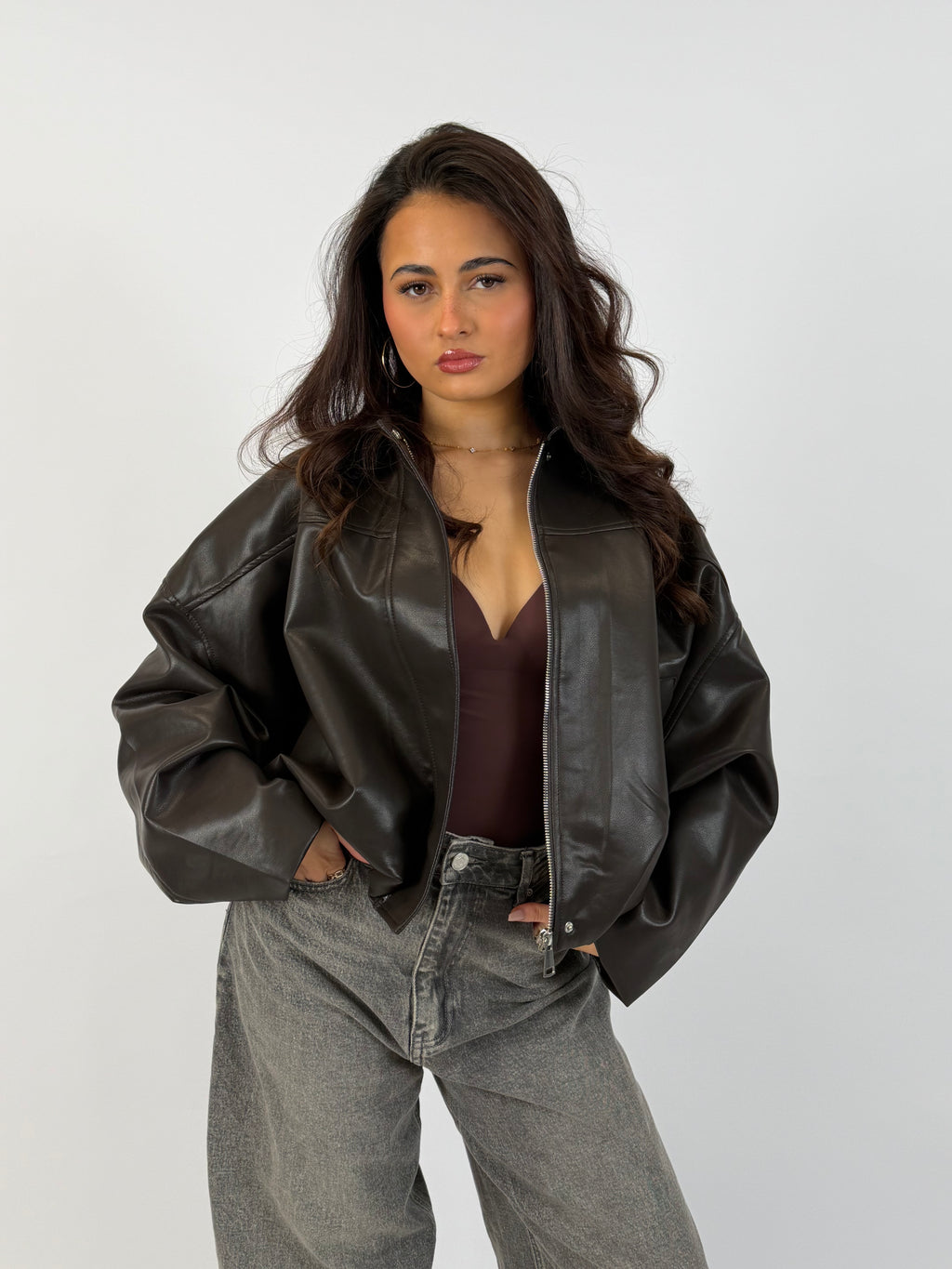 PUFFY LEATHER BOMBER BROWN