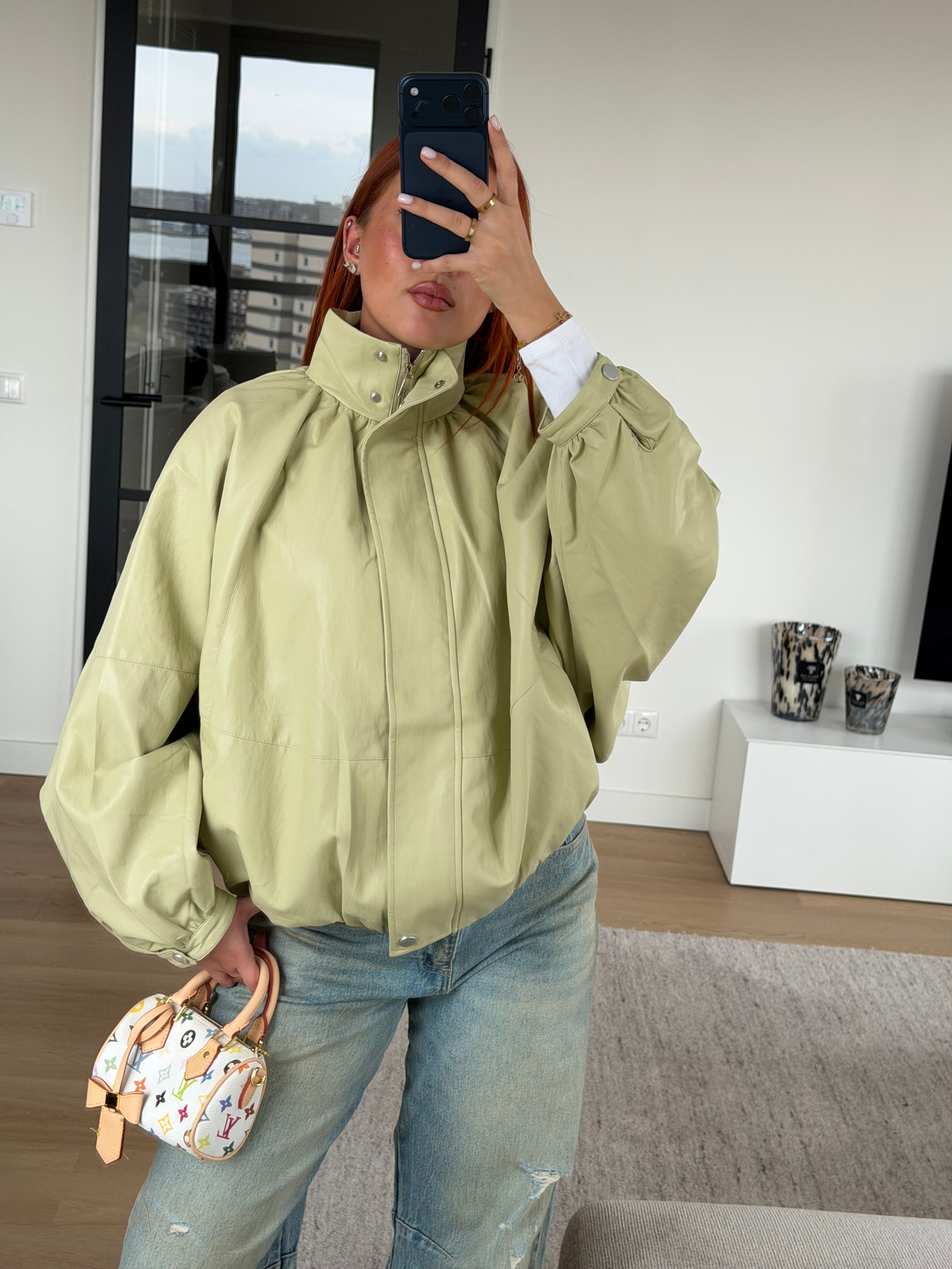 PUFFY LEATHER BOMBER MATCHA