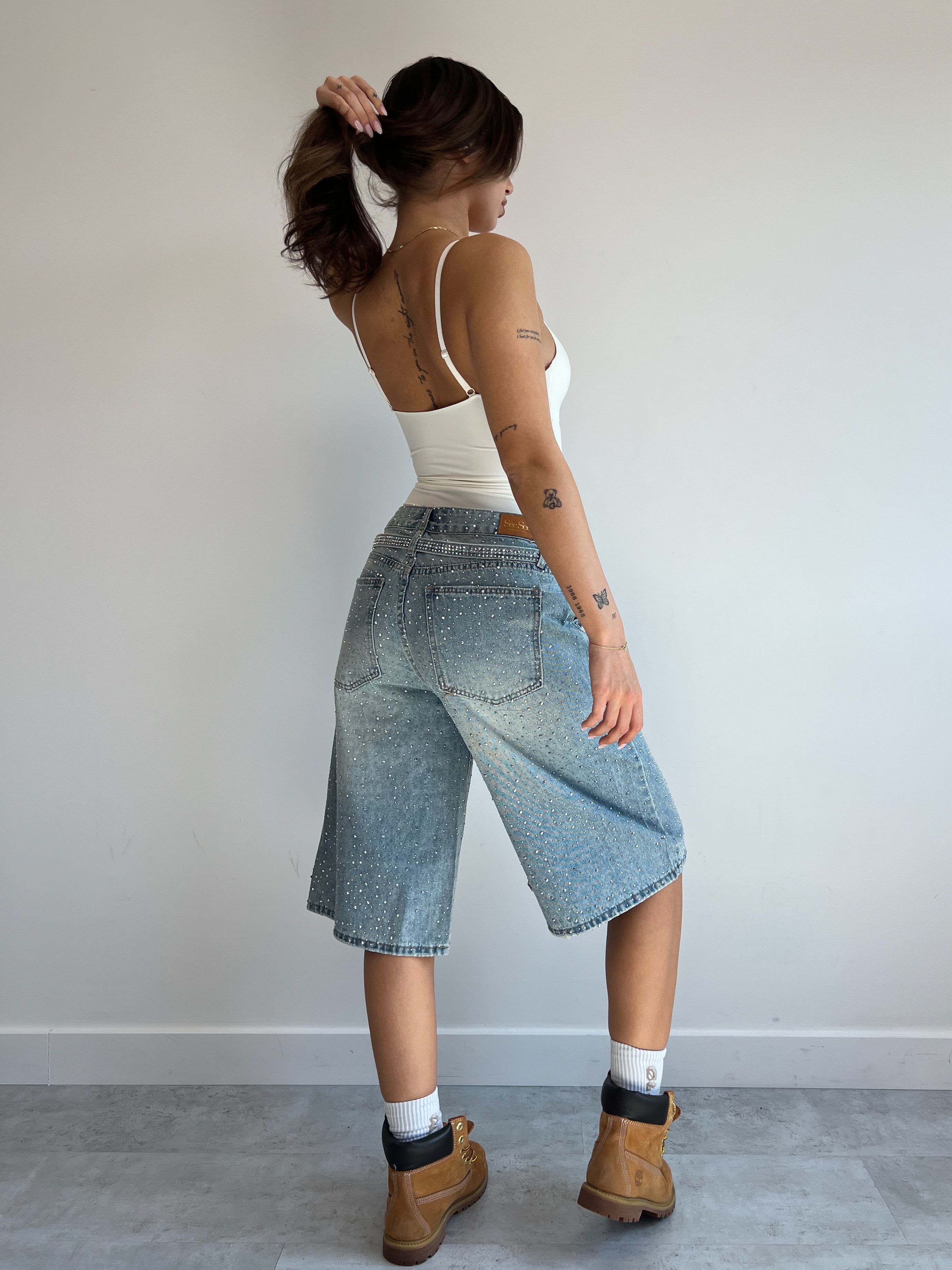 RHINESTONE DENIM JORTS
