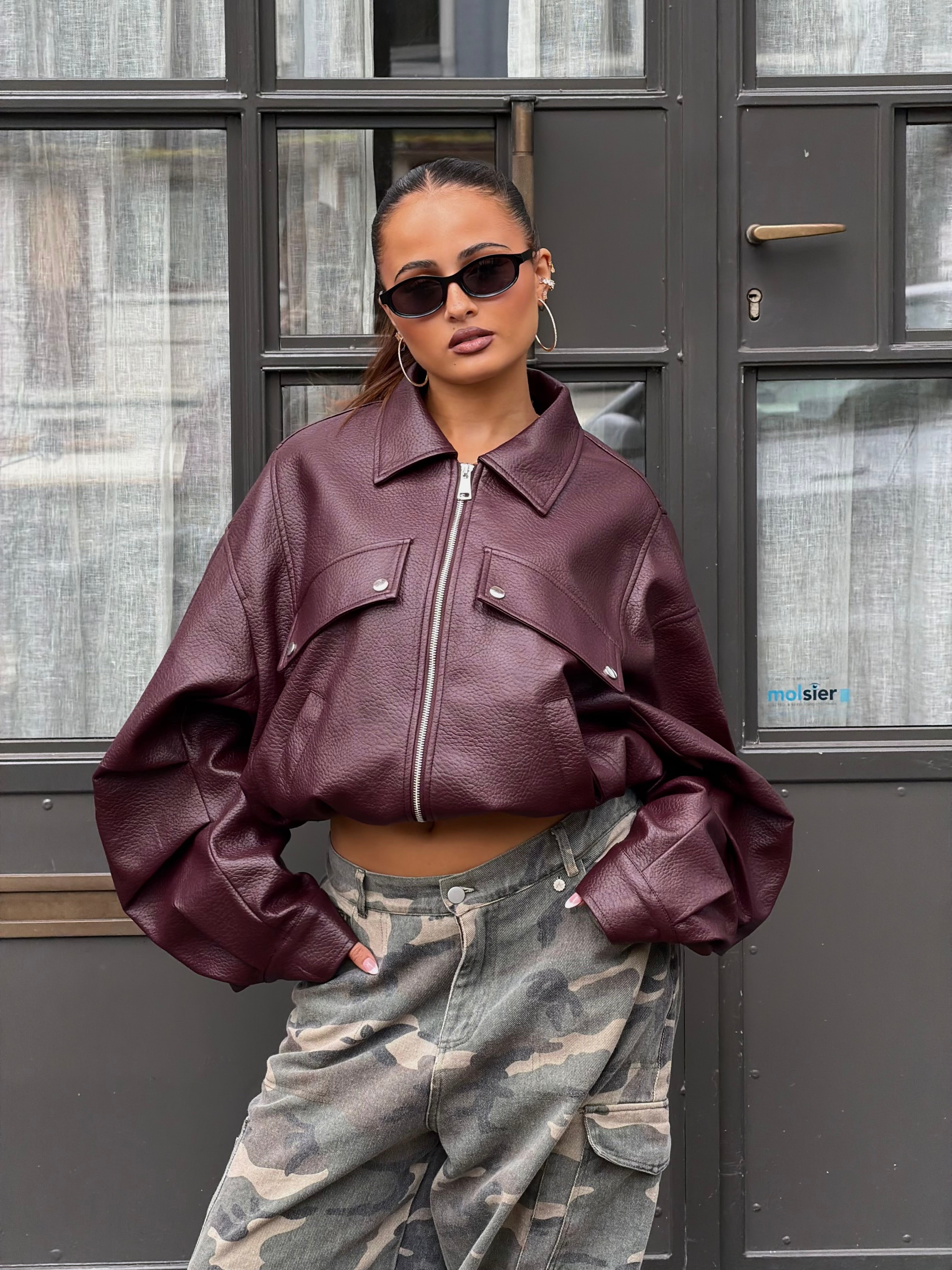 PUFFY LEATHER BOMBER BORDEAUX