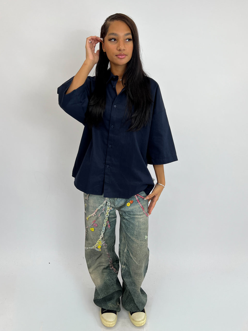 EXCLUSIVE TOKYO 81 BOYFRIEND BLOUSE NAVY/WHITE