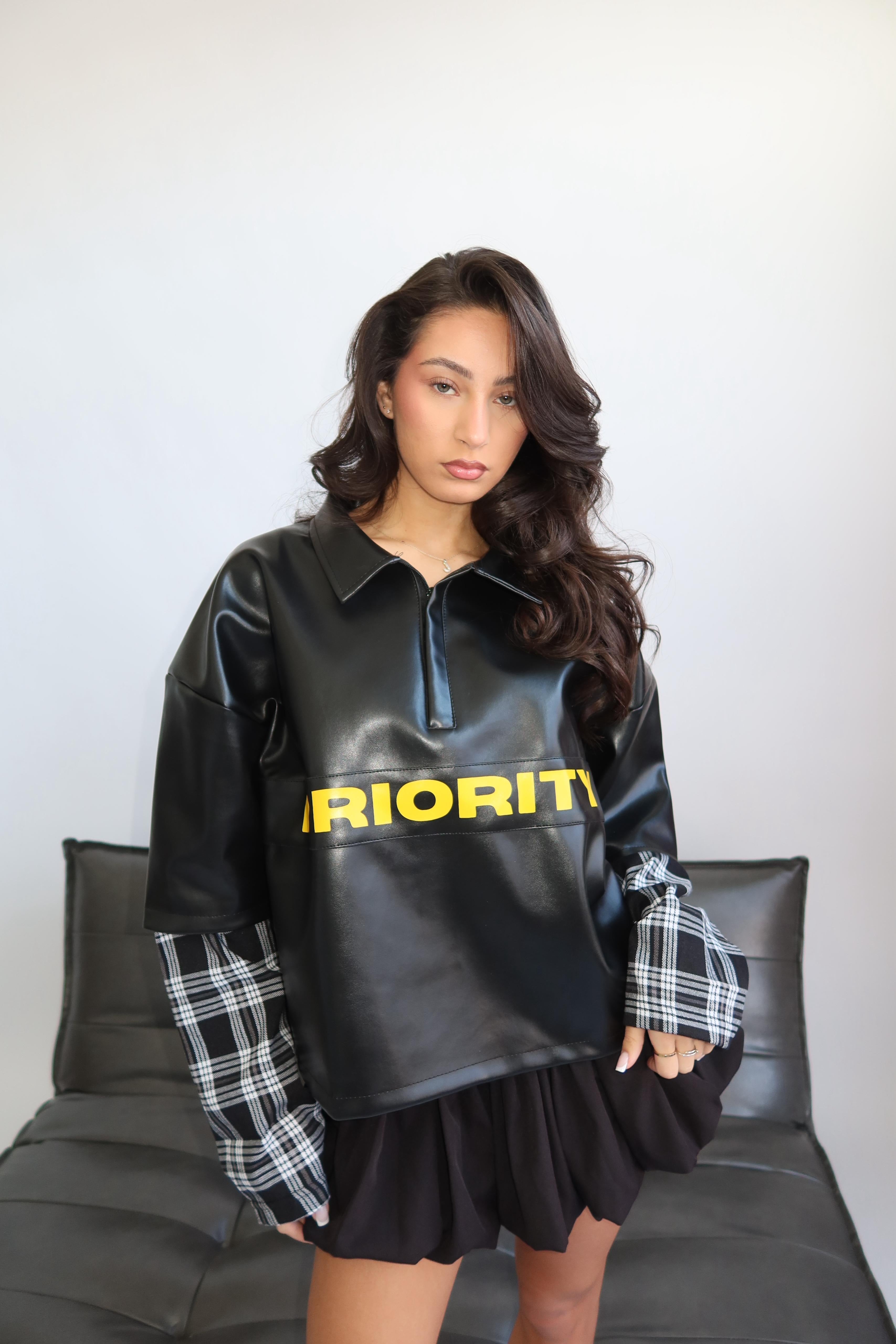 LEATHER+CHECKS LONGSLEEVE BLACK
