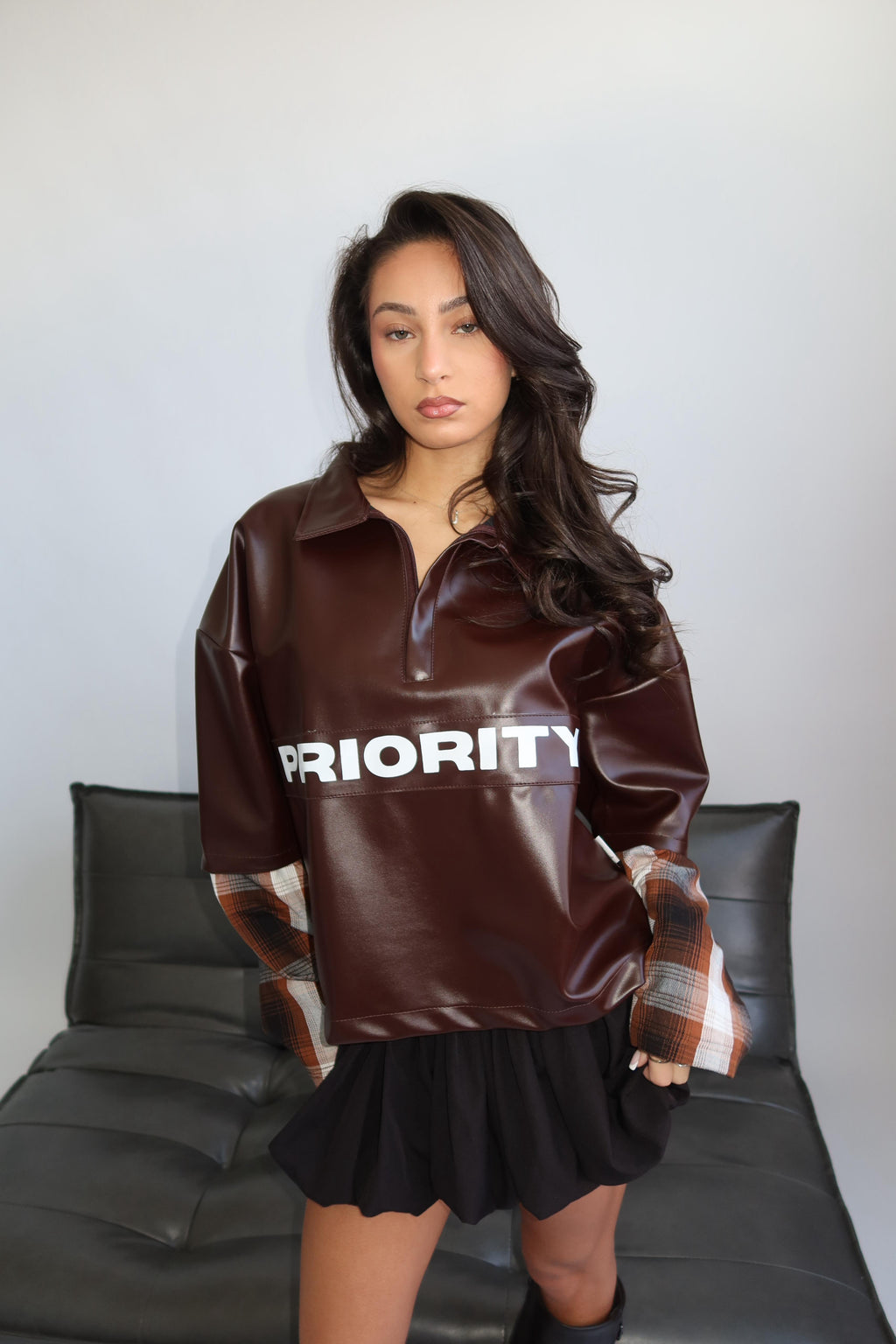 LEATHER+CHECKS LONGSLEEVE BROWN