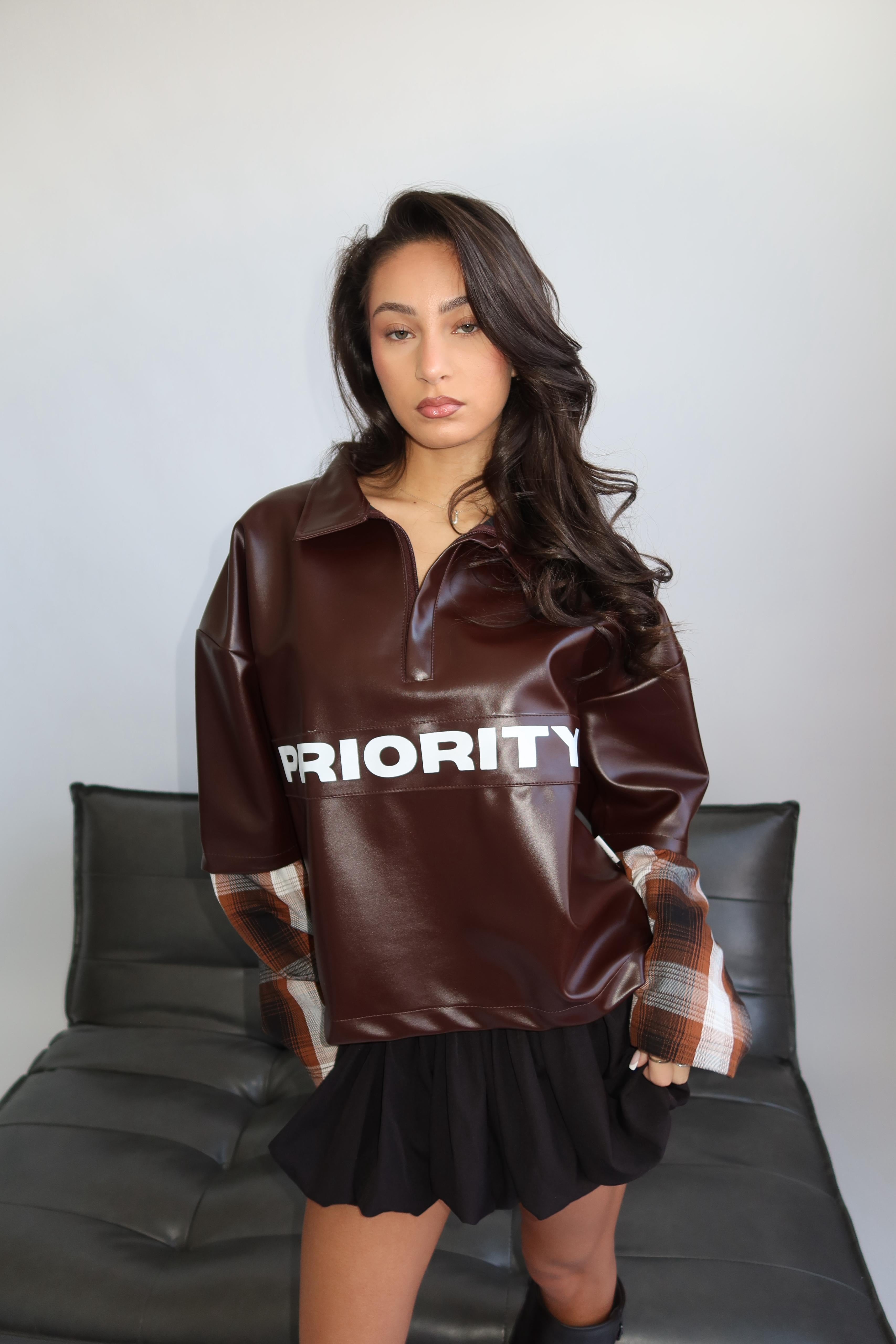 LEATHER+CHECKS LONGSLEEVE BROWN