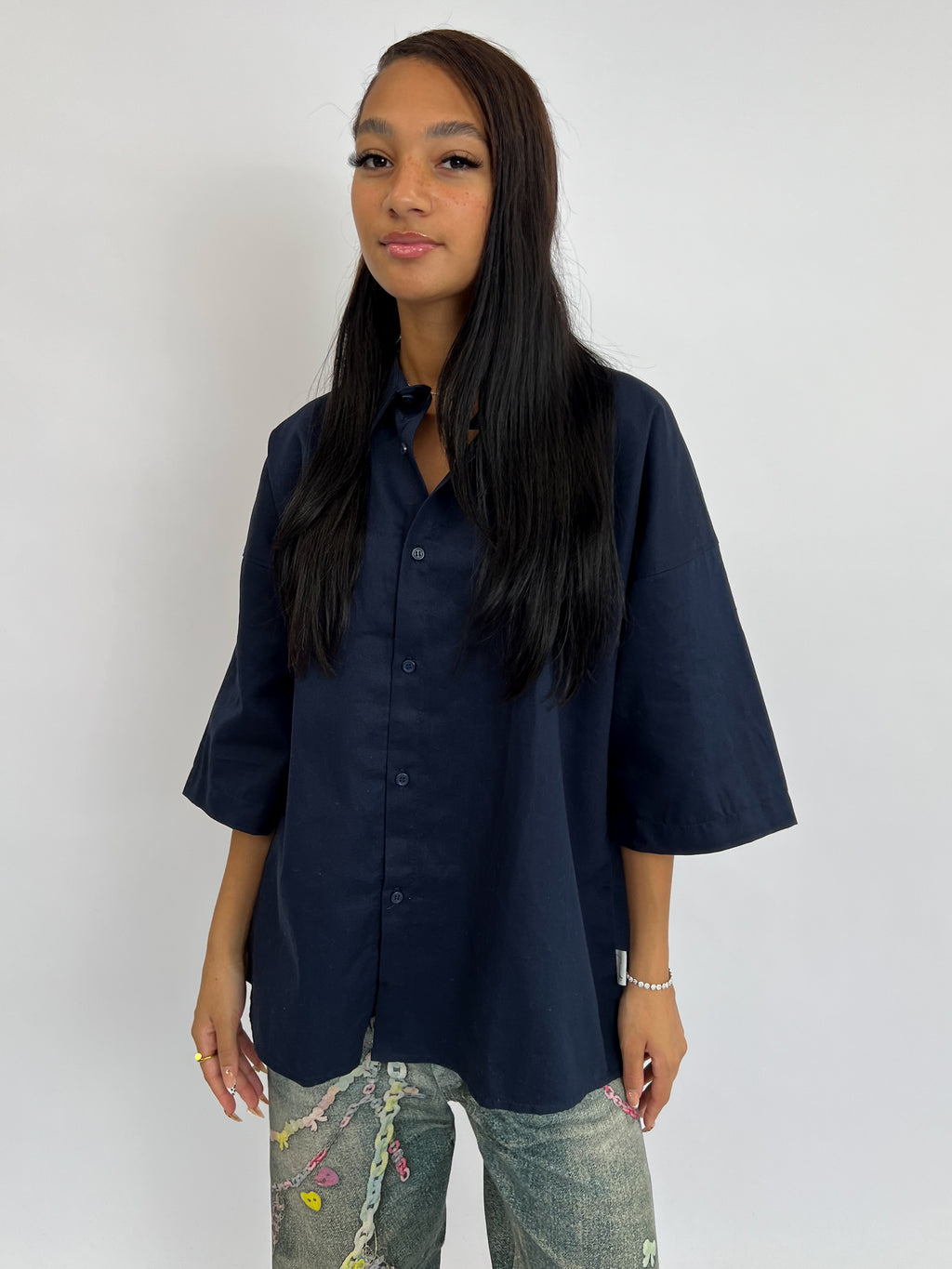EXCLUSIVE TOKYO 81 BOYFRIEND BLOUSE NAVY/WHITE