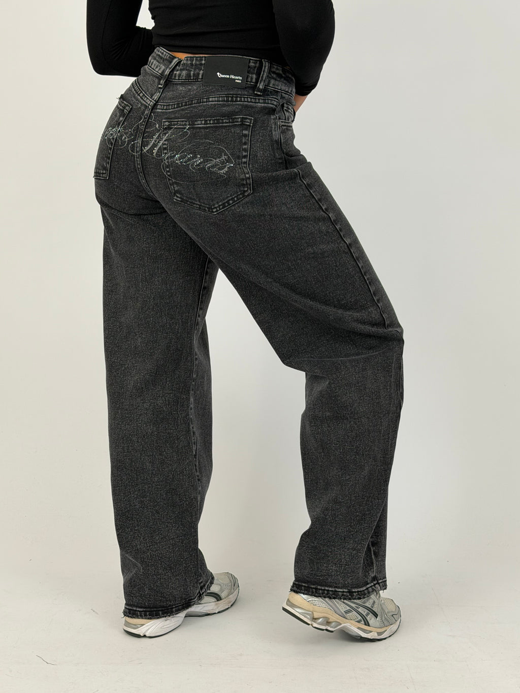 RHINESTONE BUM STRETCH WIDE LEG BLACK