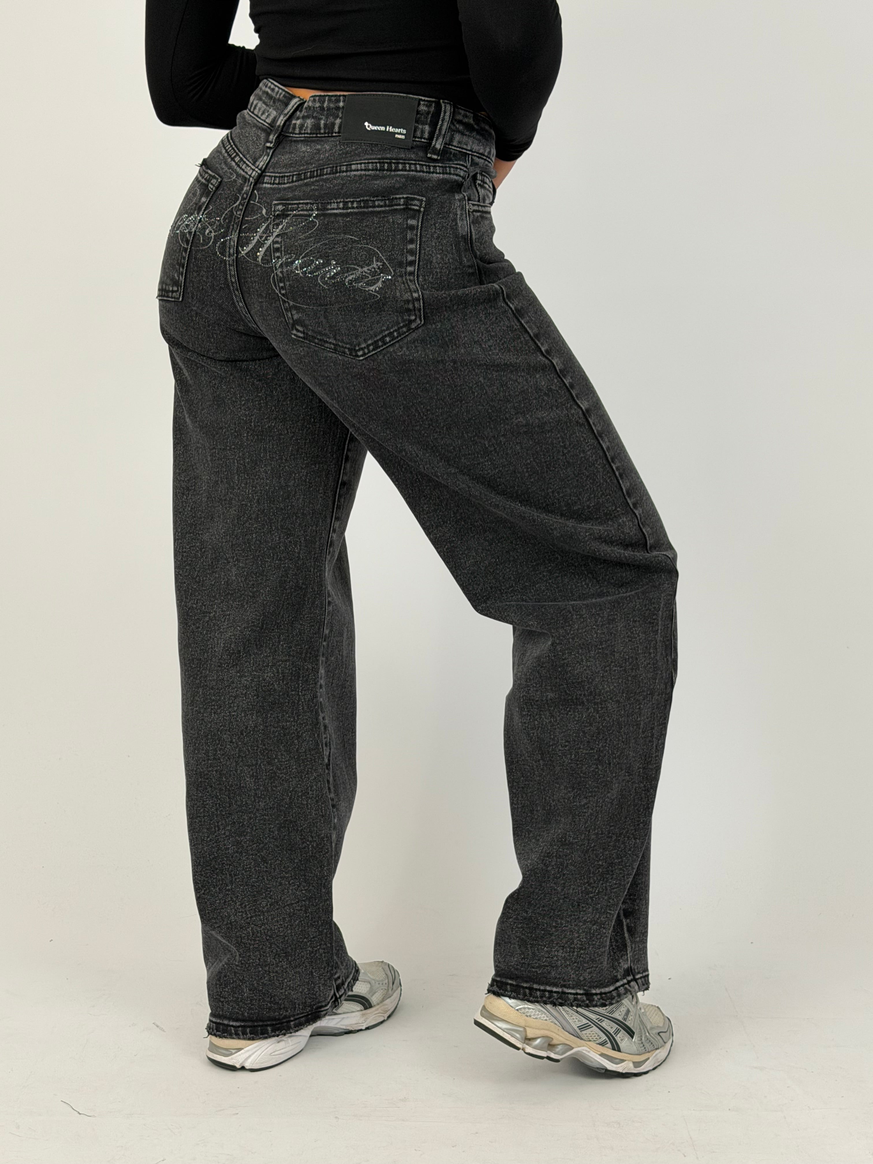RHINESTONE BUM STRETCH WIDE LEG BLACK