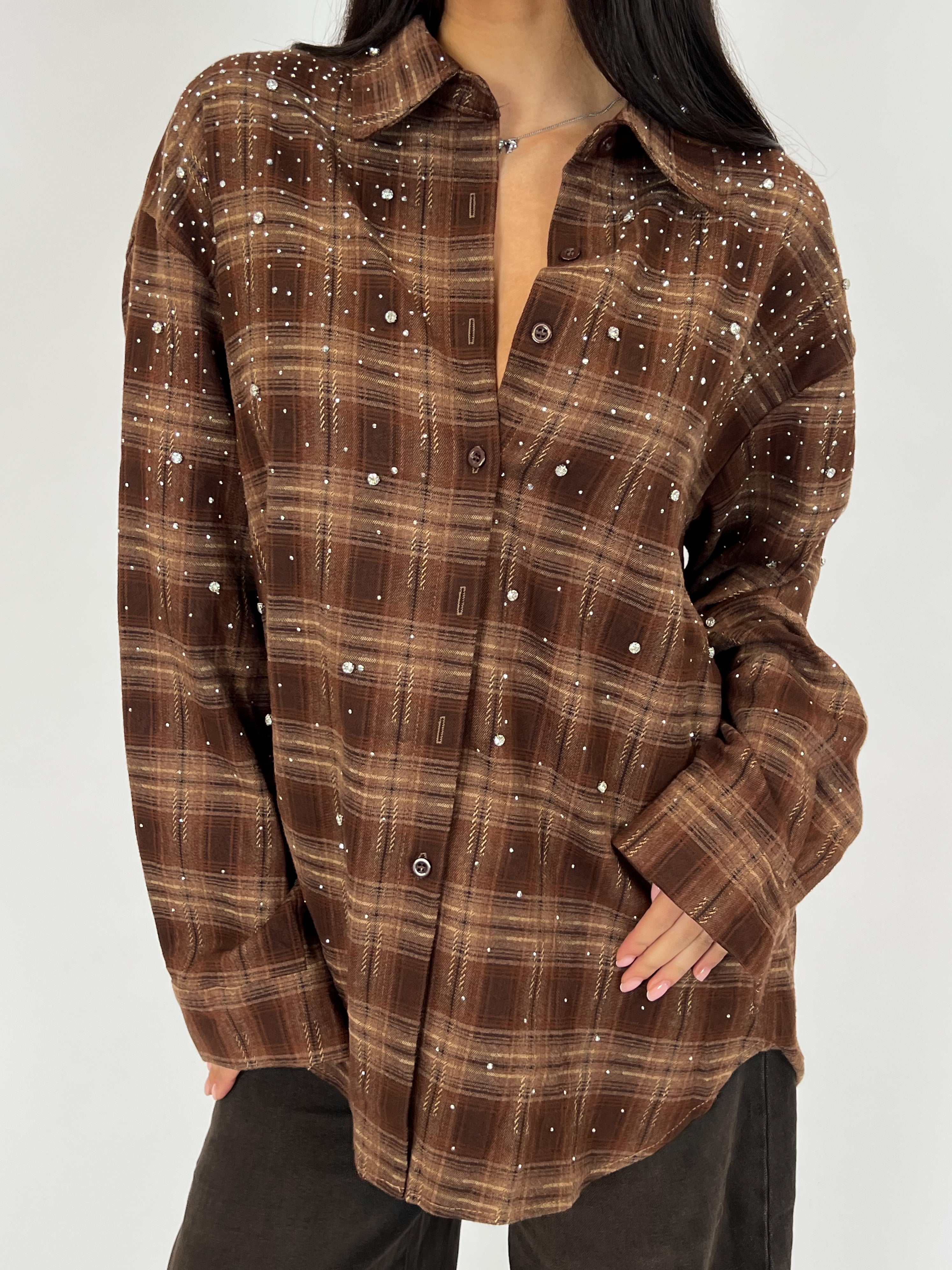 RHINESTONES CHECK SHIRT BROWN
