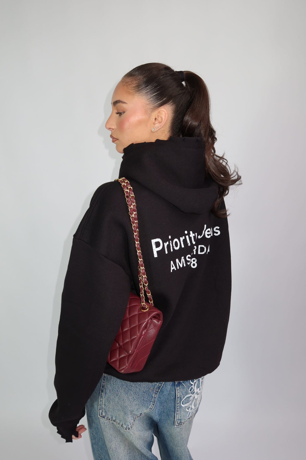 PREMIUM PRIORITY DISTRESSED HOODIE BLACK