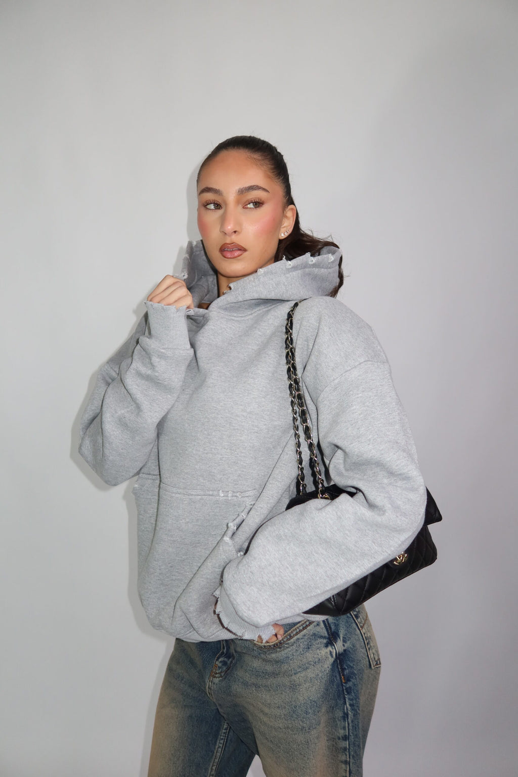 PREMIUM PRIORITY DISTRESSED HOODIE GREY