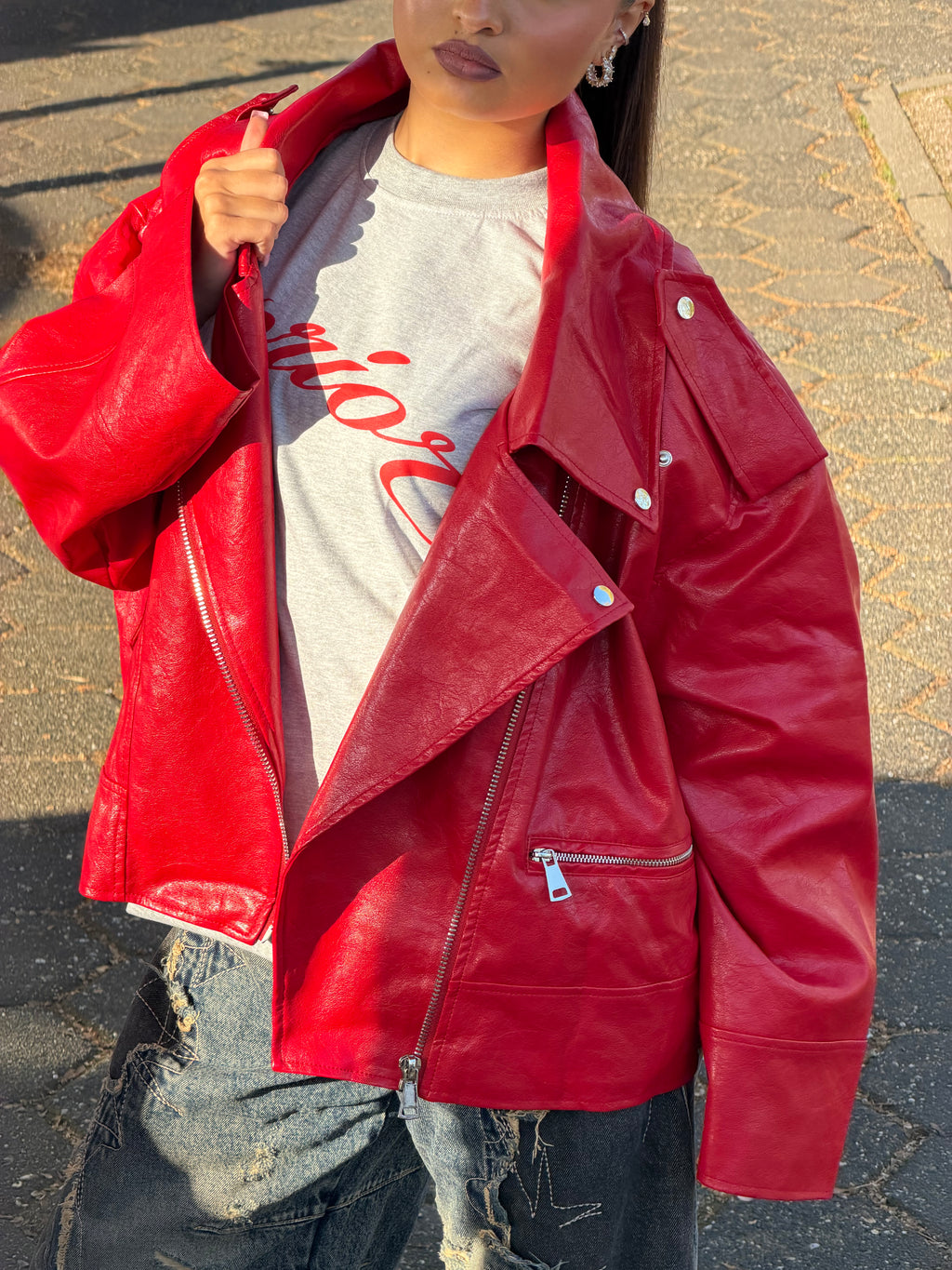 BOXY LEREN JAS Rood