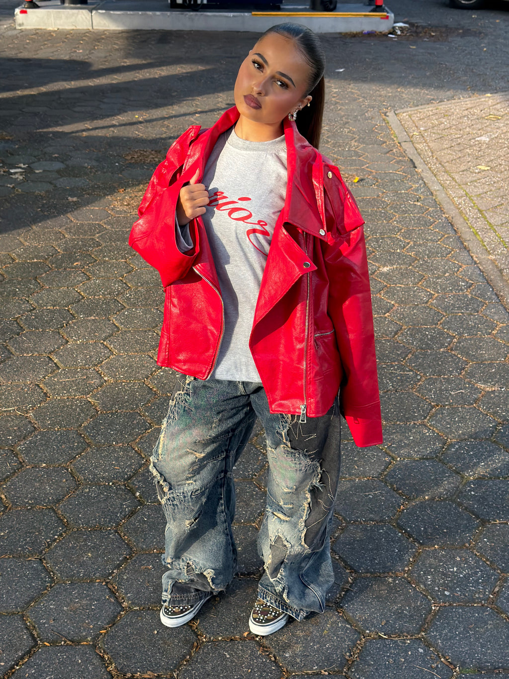 BOXY LEREN JAS Rood
