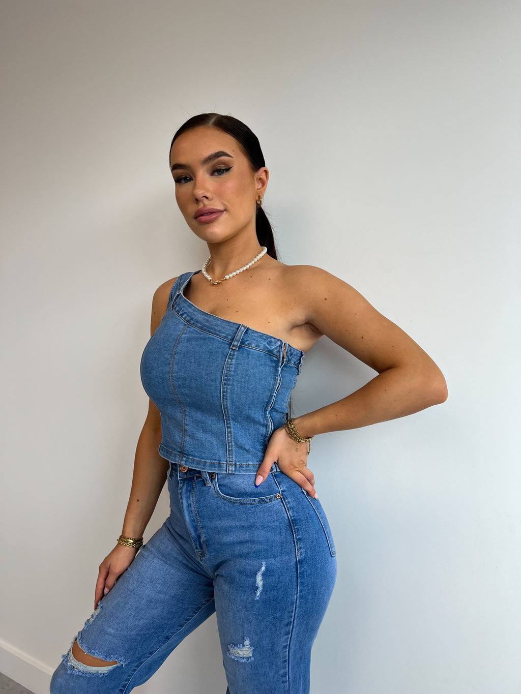 ONE SHOULDER DENIM TOP