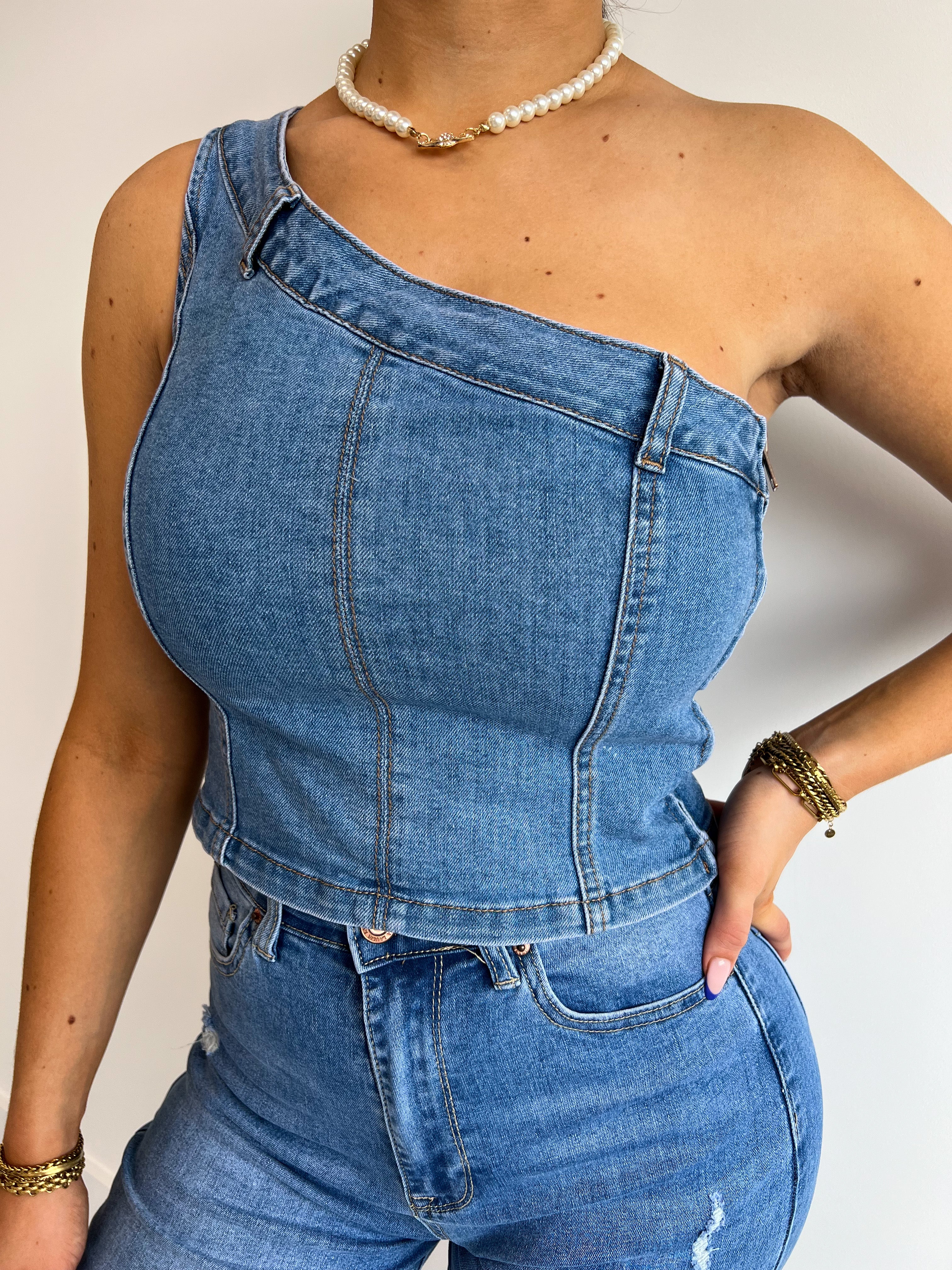 ONE SHOULDER DENIM TOP