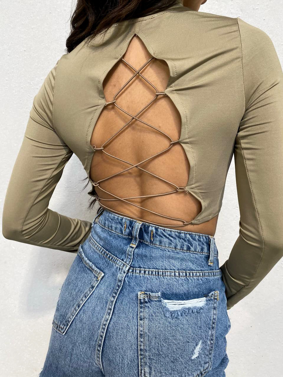 OPEN BACK TIE TOP LIGHT OLIVE