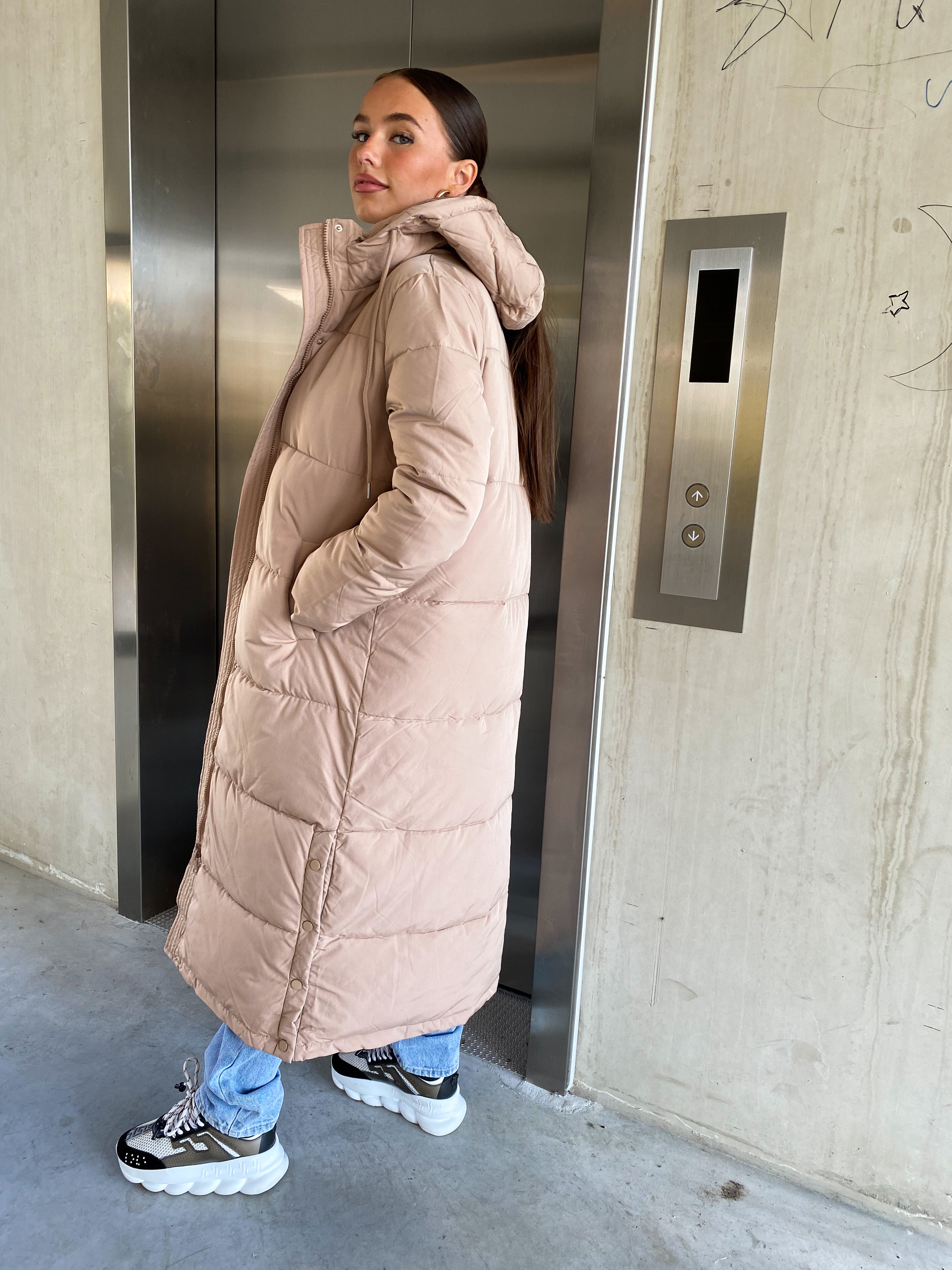 nude puffer coat long